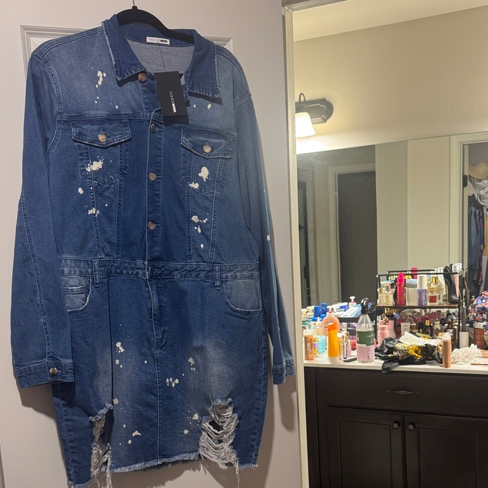 Fashion Nova Blue Distressed Long Sleeve Dress